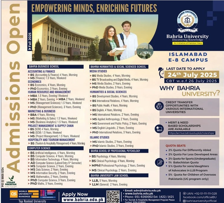 Admission Open in Bahria University Islamabad